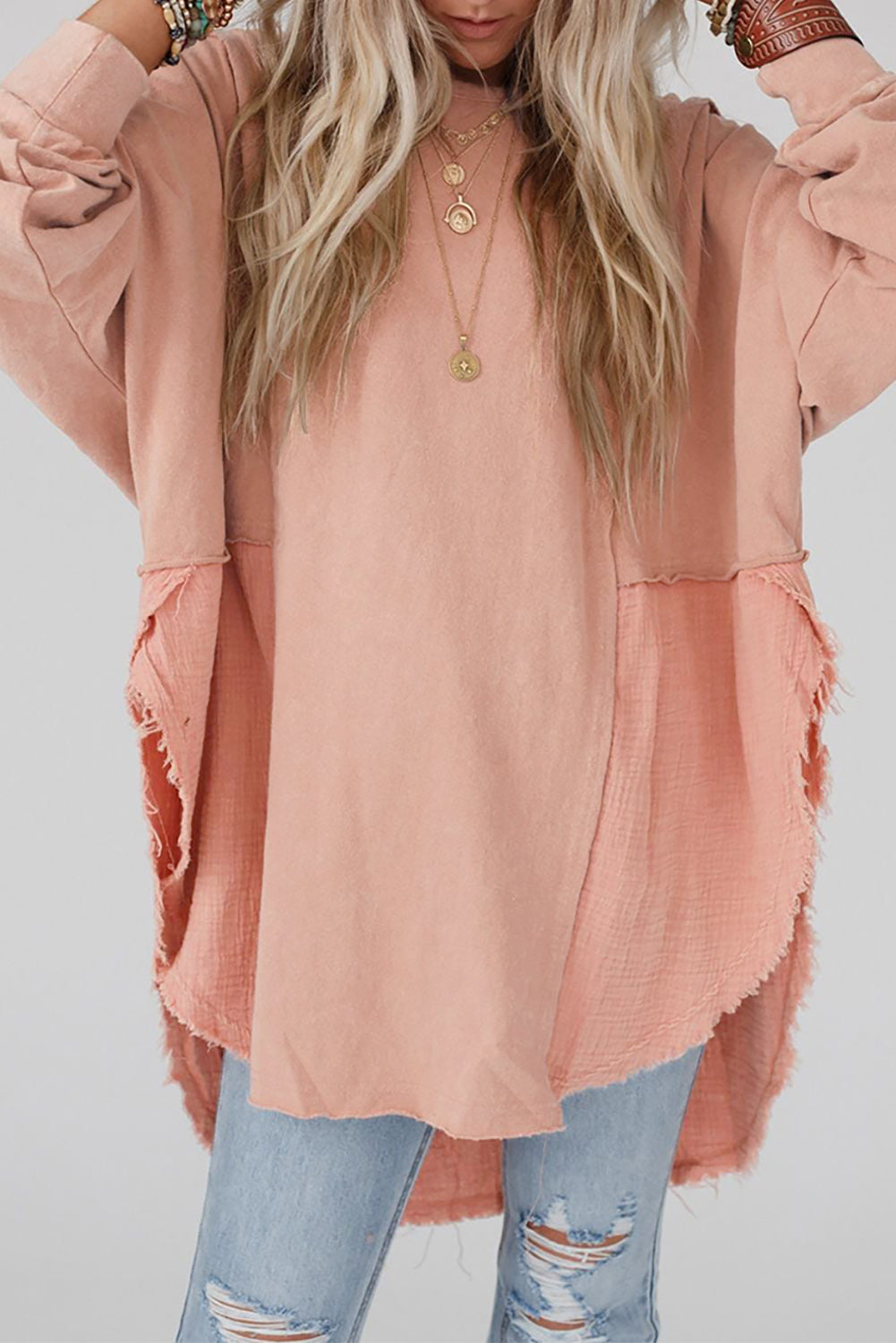 Pink Raw Edge Leopard Patchwork Oversized Blouse