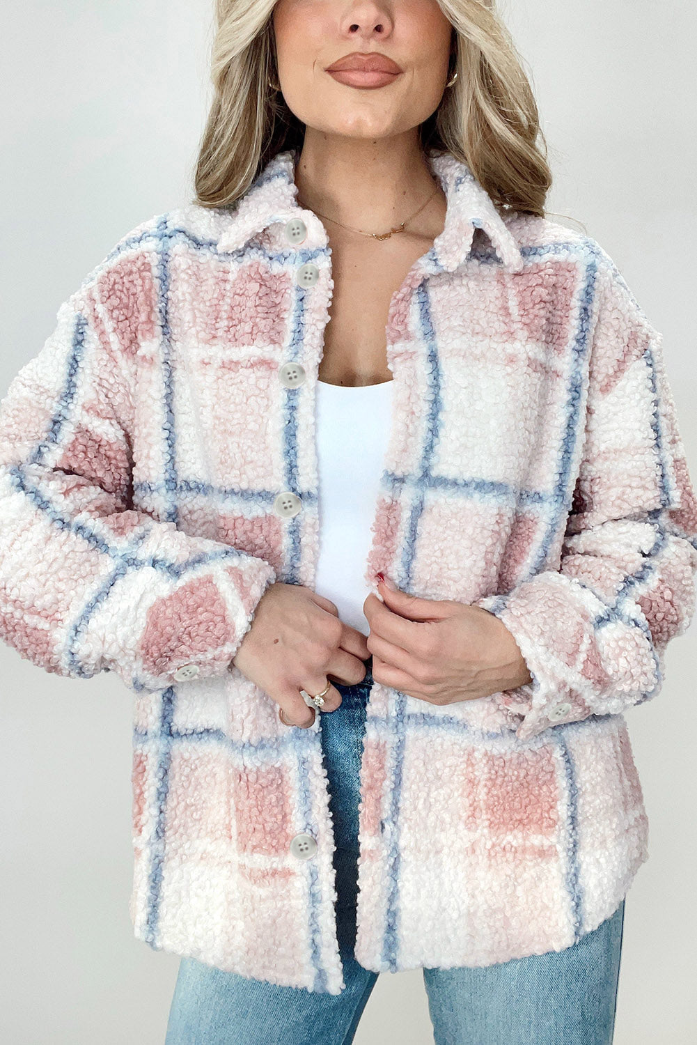 Multicolor Checker Print Turn Down Collar Sherpa Shacket