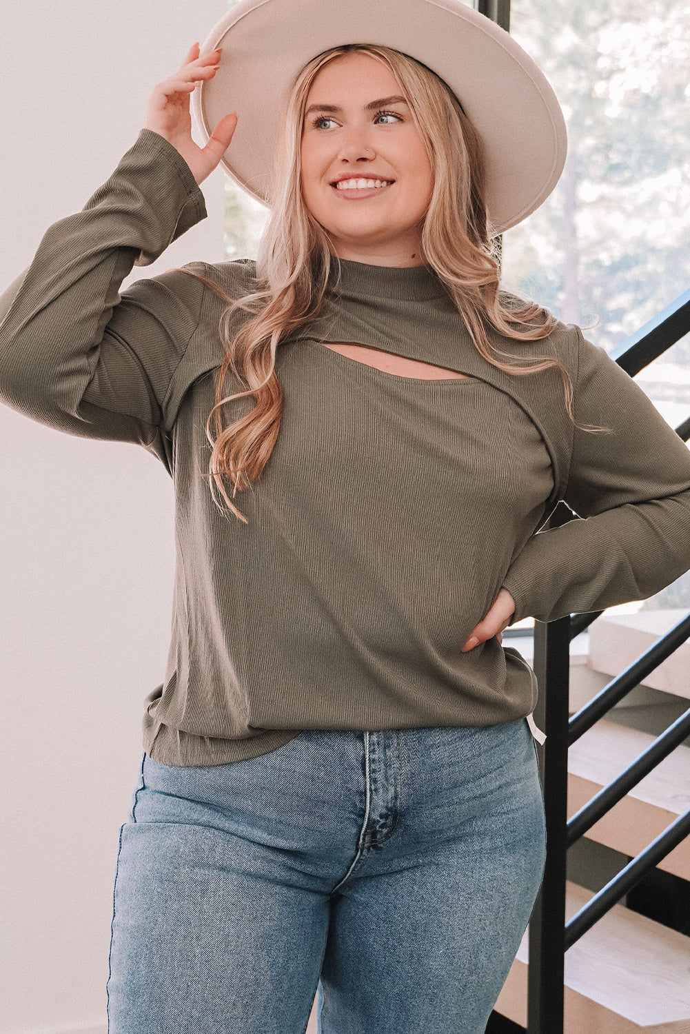 Plus Size Ribbed Mock Neck Peek-A-Boo Cut Out Top