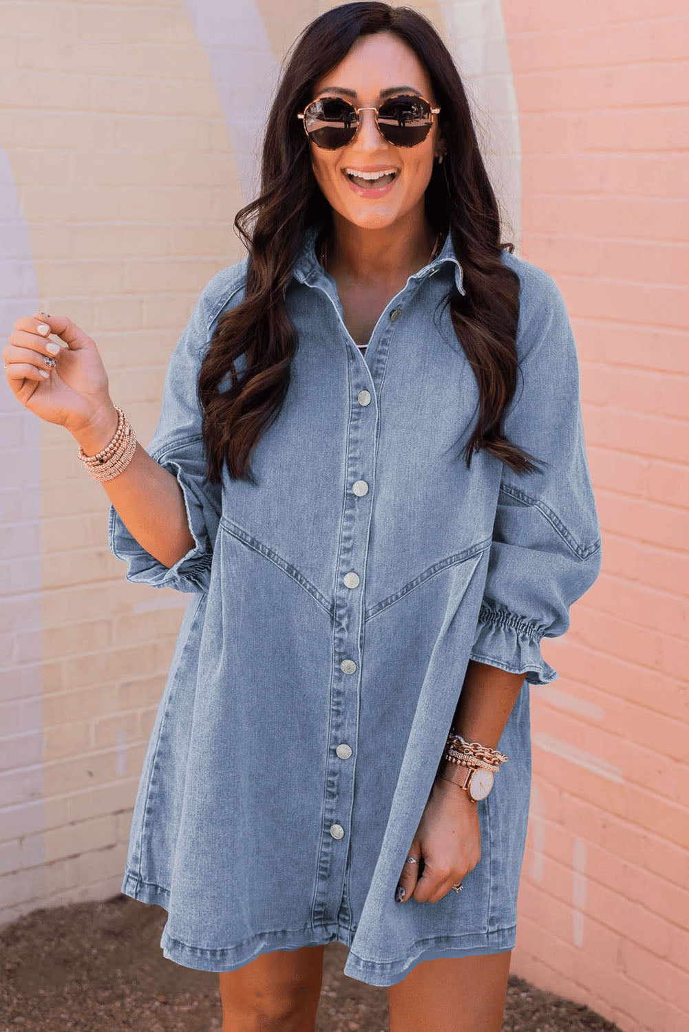 Light Blue Ruffled 3/4 Sleeve Buttoned Front Plus Size Denim Dress