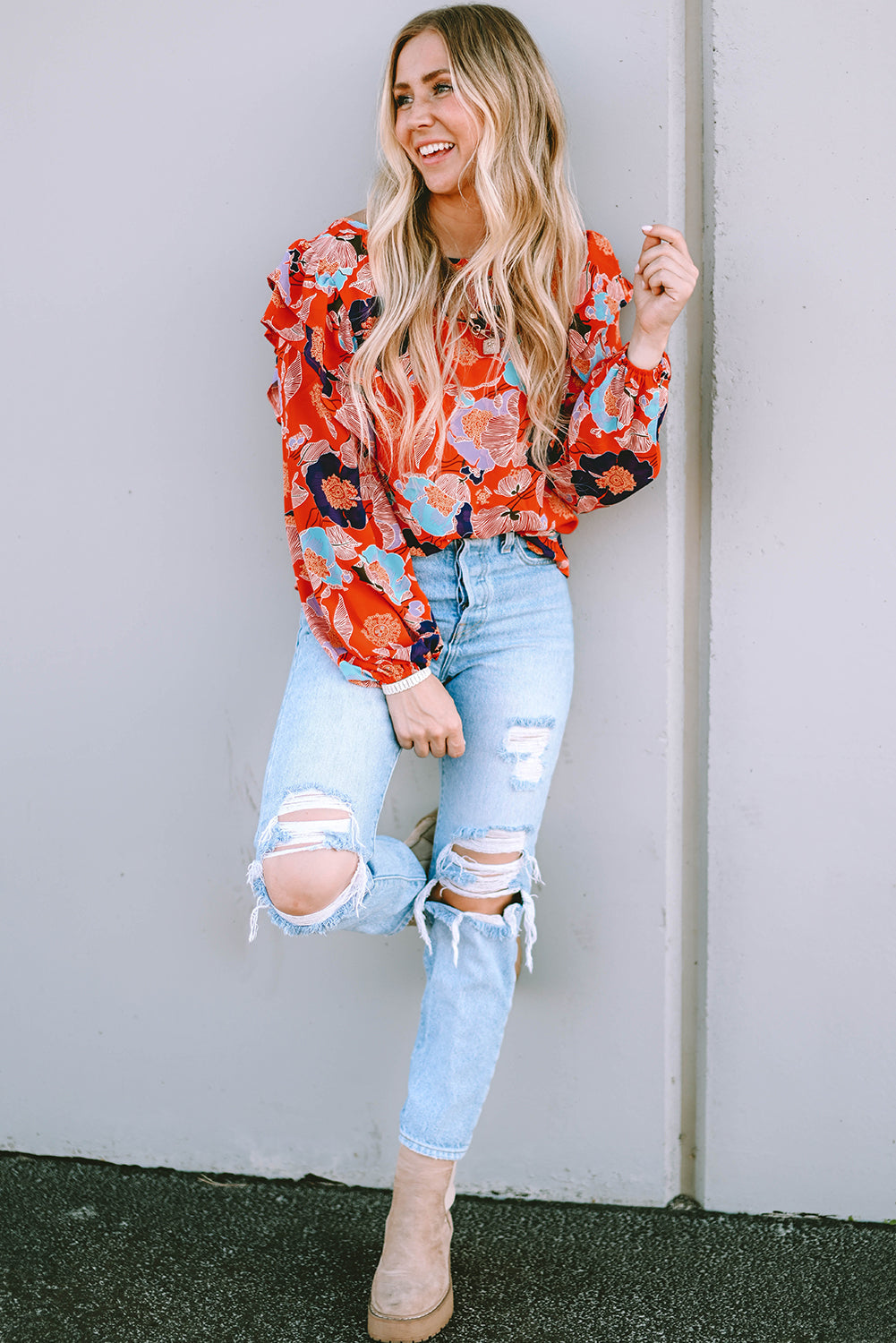 Ginger Floral Print Ruffle Puff Sleeve Blouse