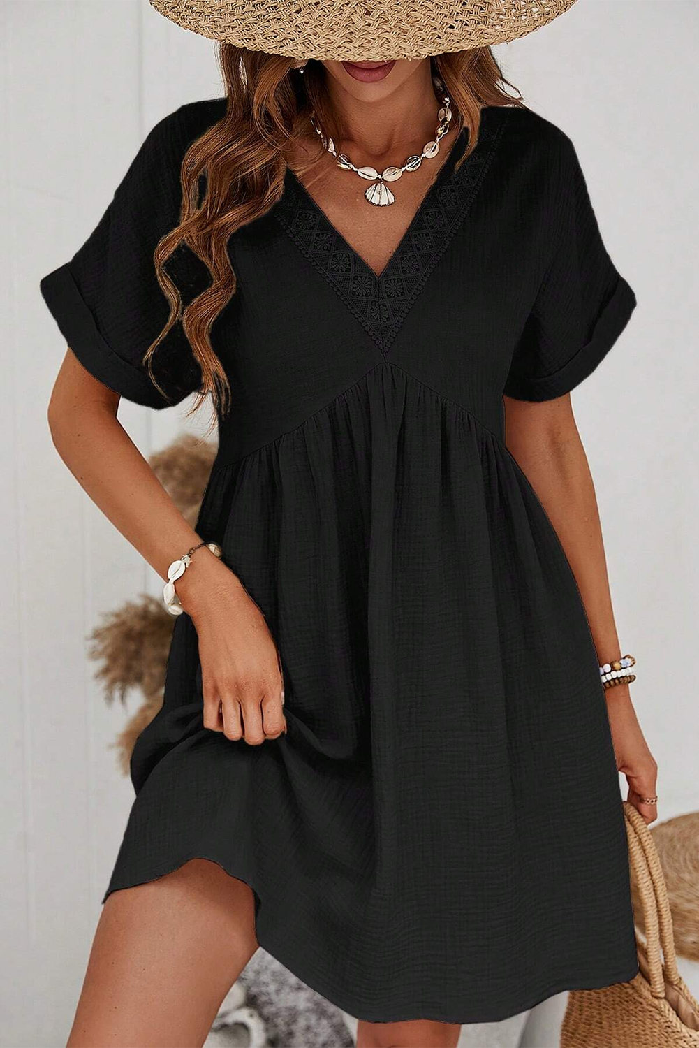 Black Folded Short Sleeve Lace V Neck Mini Dress