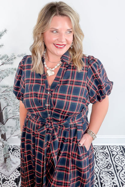 Black Plaid V Neck Belted Waist Short Sleeve Plus Size Dress