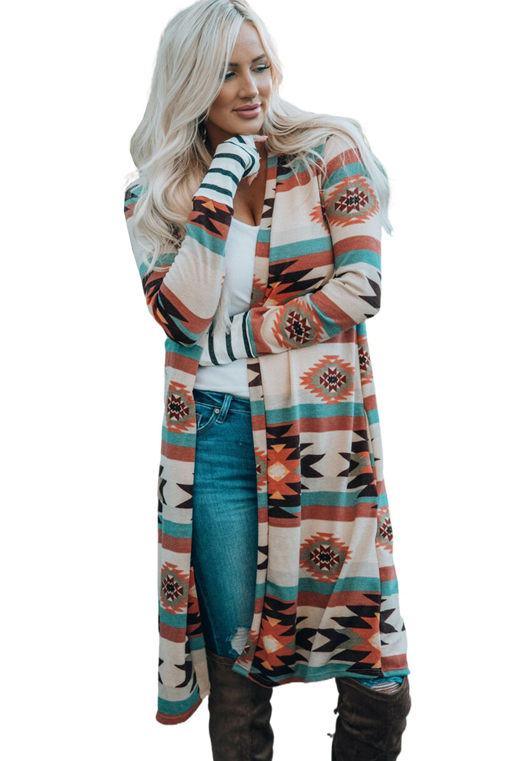 Multicolor Plus Size Geometric Print Open Front Long Cardigan