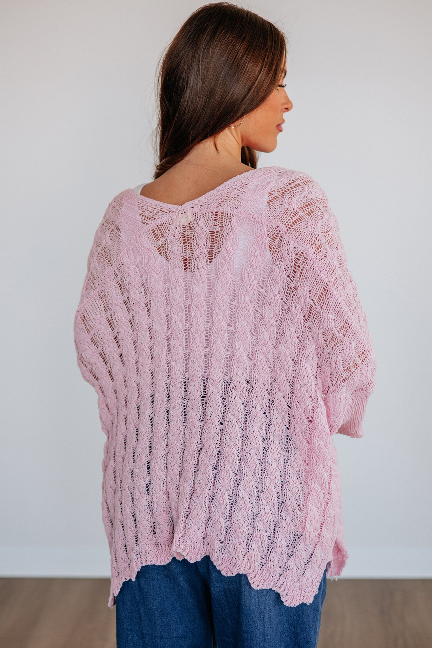 Pink Drop Shoulder Crochet Knit Open Front Cardigan