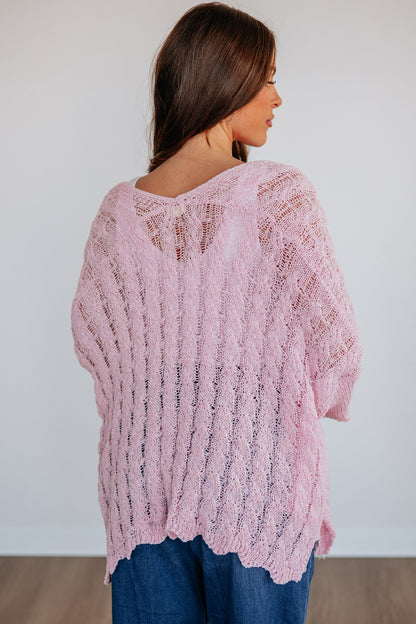 Pink Drop Shoulder Crochet Knit Open Front Cardigan