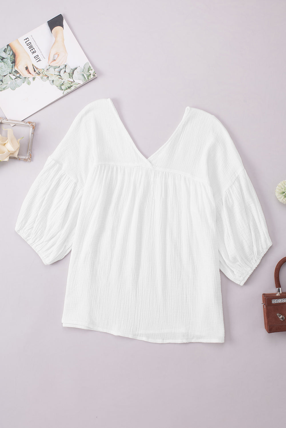 White Textured V Neck Bracelet Sleeve Babydoll Blouse