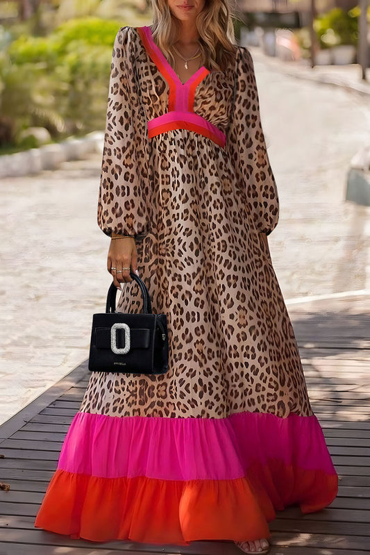 Brown Leopard Color Block V Neck Loose Fit Maxi Dress