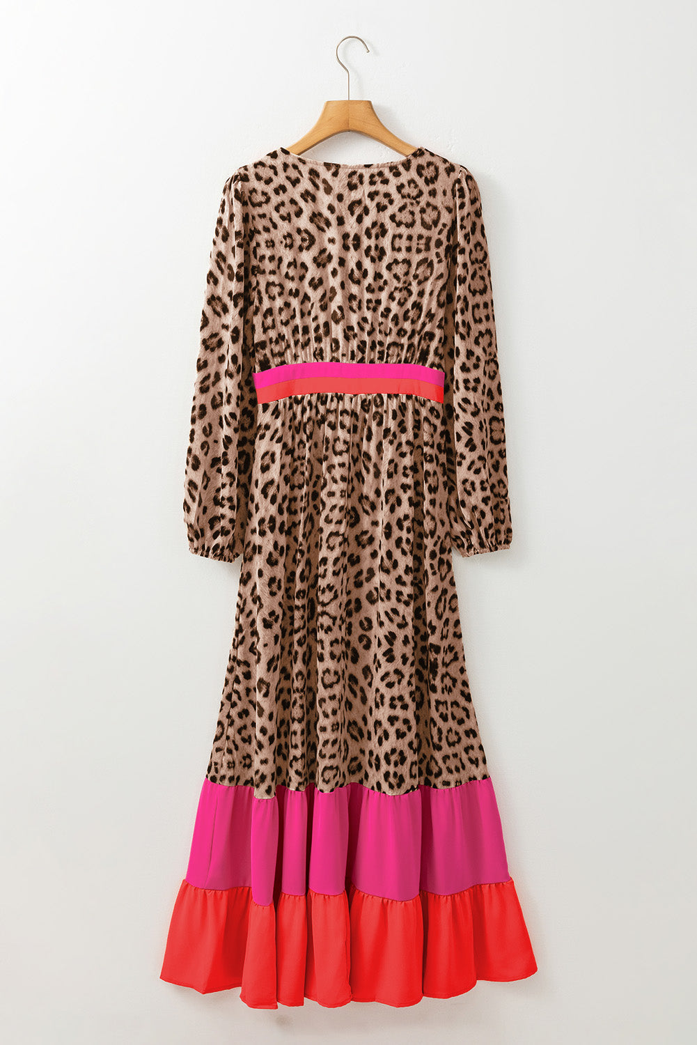 Brown Leopard Color Block V Neck Loose Fit Maxi Dress