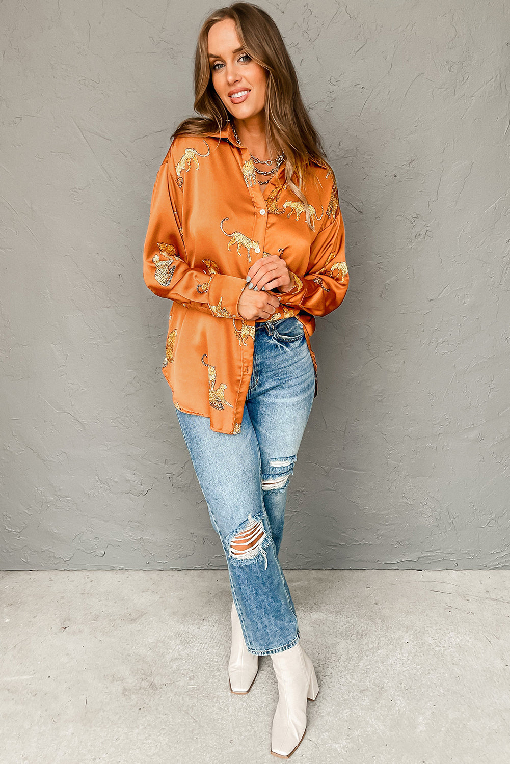 Orange Cheetah Printed Ruffled Sleeve Blouse