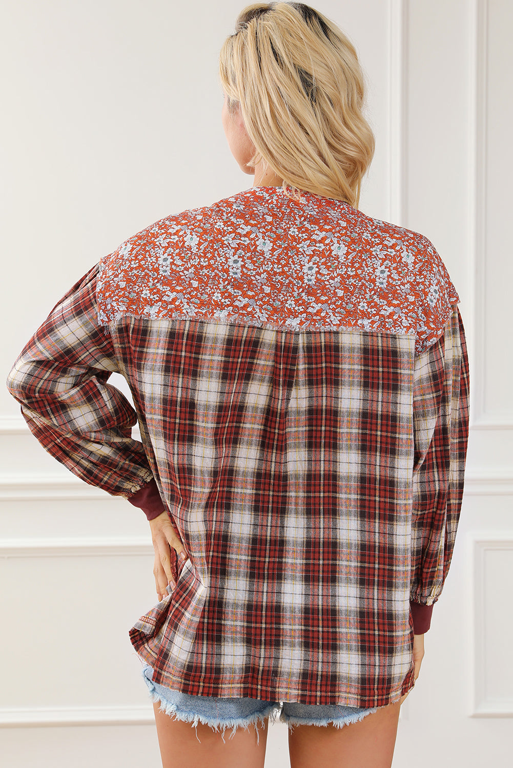 Red Dahlia Mixed Print Half Buttons Plus Size Pullover Top