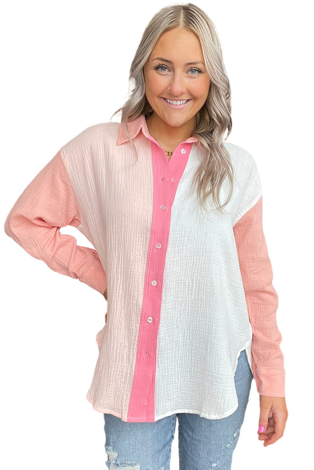 Color Block Patchwork Crinkle Long Sleeve Shirt