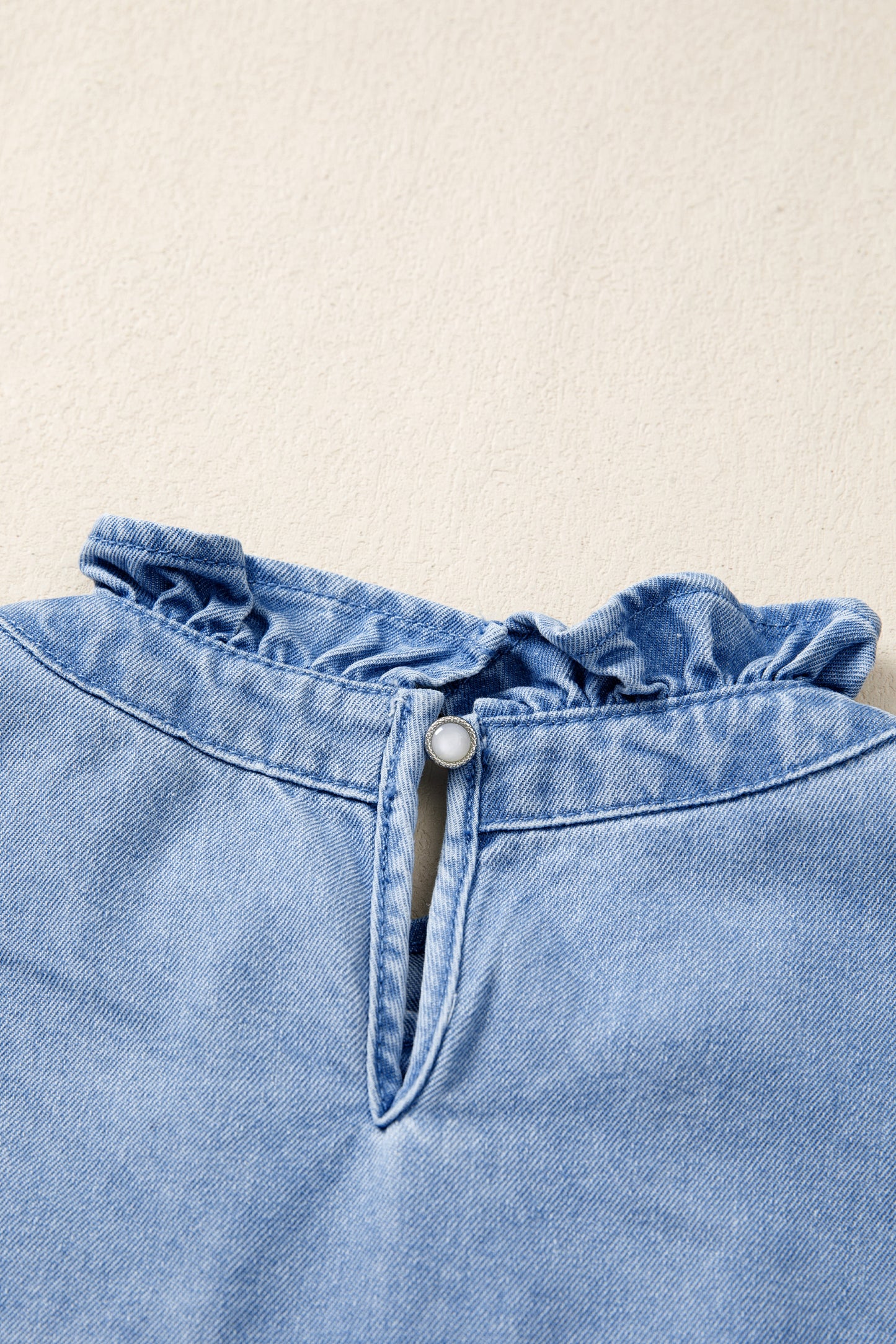 White Frilled Collar Flutter Sleeve Denim Top