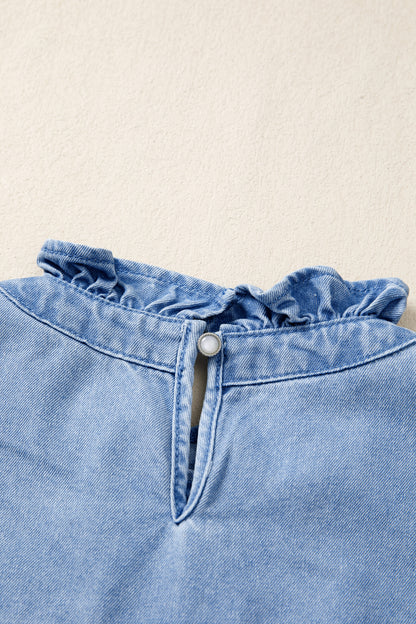 White Frilled Collar Flutter Sleeve Denim Top