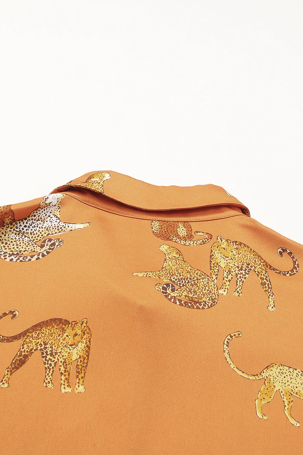 Russet Orange Cheetah Animal Print Button Up Satin Shirt