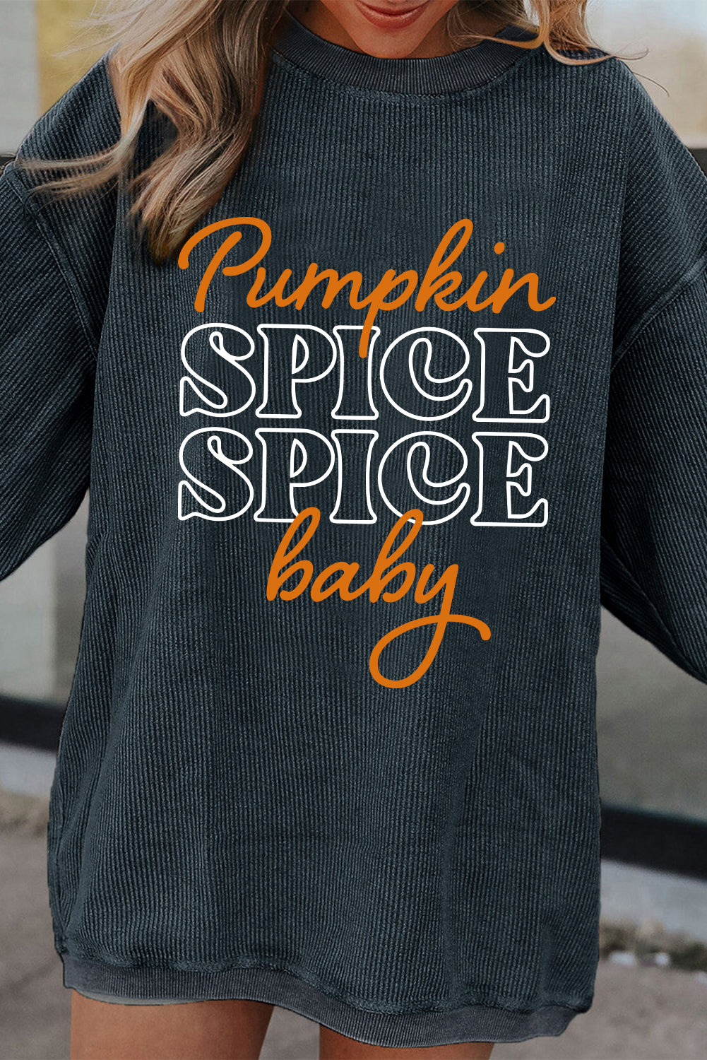 Dark Grey Halloween Pumpkin Spice Baby Graphic Textured Sweatshirt