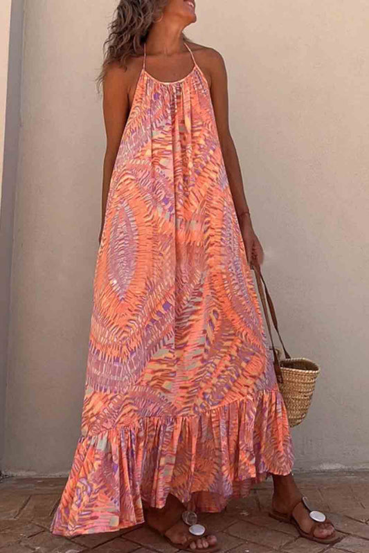 Geometric Print Tassel Tie Halterneck Maxi Dress