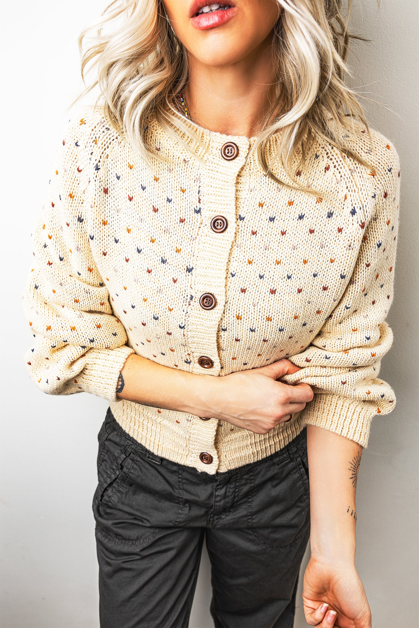 Beige Geometric Print Button Front Long Sleeve Regular Fit Cardigan
