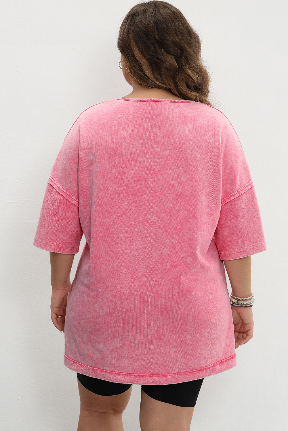 Strawberry Pink Mineral Wash Drop Sleeve Patchwork Plus Tee