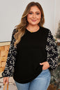 Black Bow Knot Patchwork Crewneck Plus Size Blouse