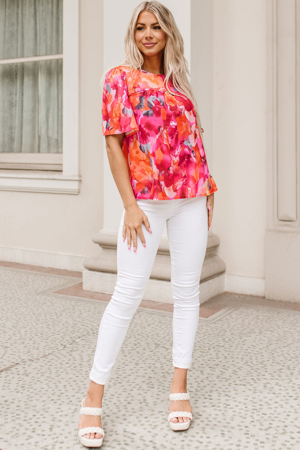 Red Floral Print Split Neck Tassel Tie Blouse