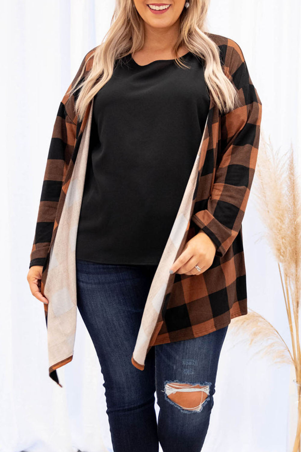 Plus Size Plaid Pattern Open Front Cardigan