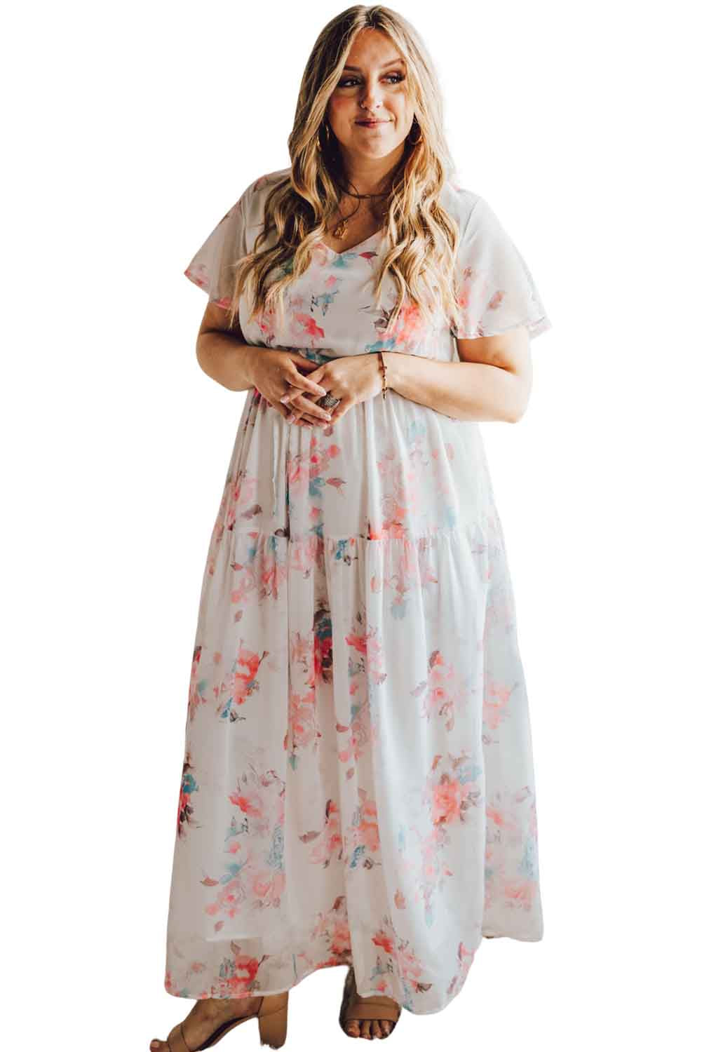 Floral Print Lace-up High Waist Plus Size Maxi Dress