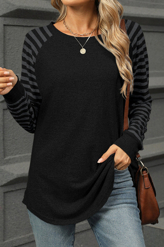 Black Stripe Raglan Sleeve Round Neck Top