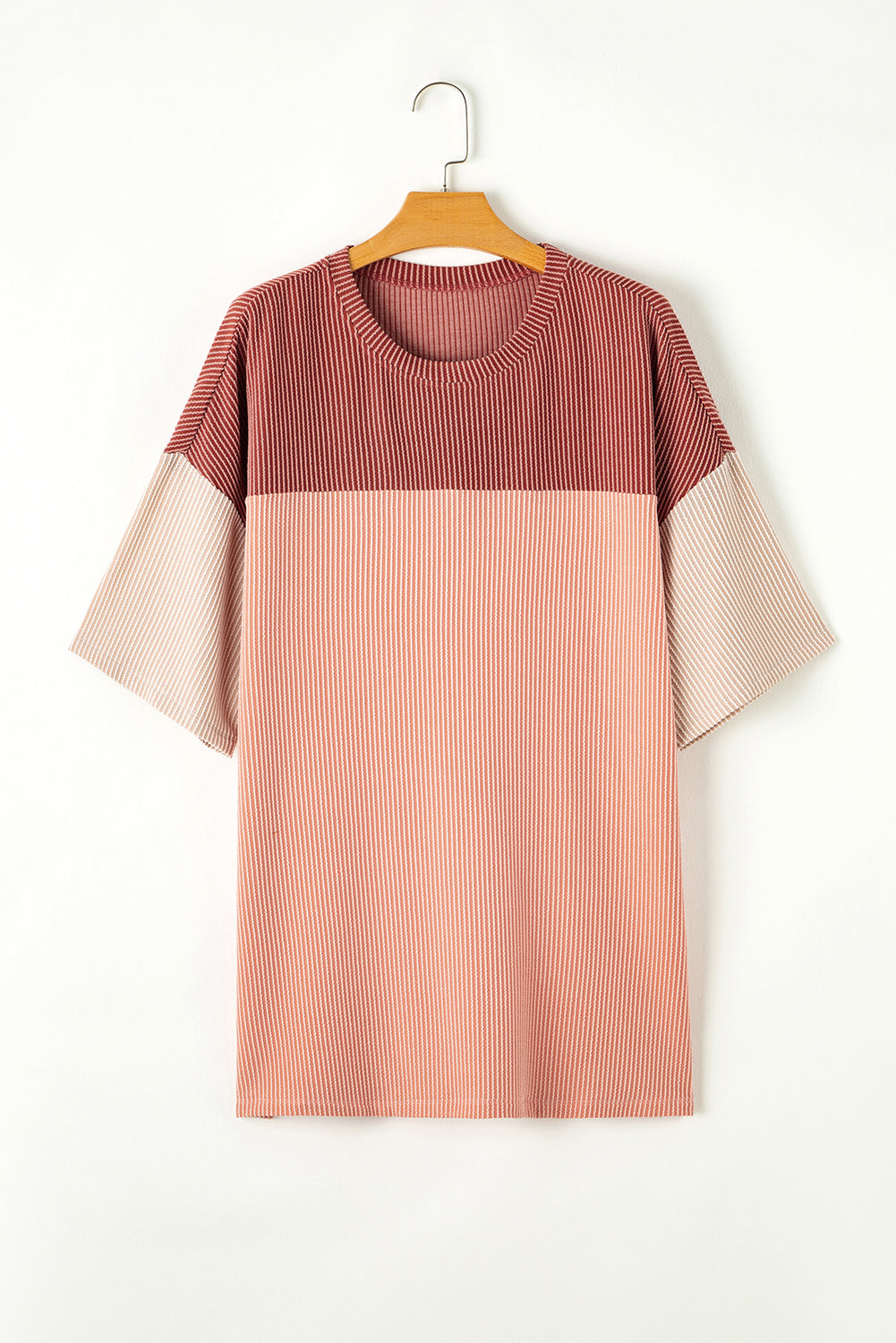 Rose Pink Plus Size Ribbed Colorblock T-shirt