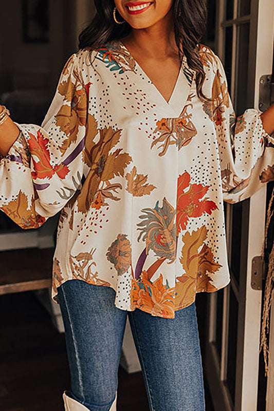 V Neck Loose Sleeve Floral Blouse