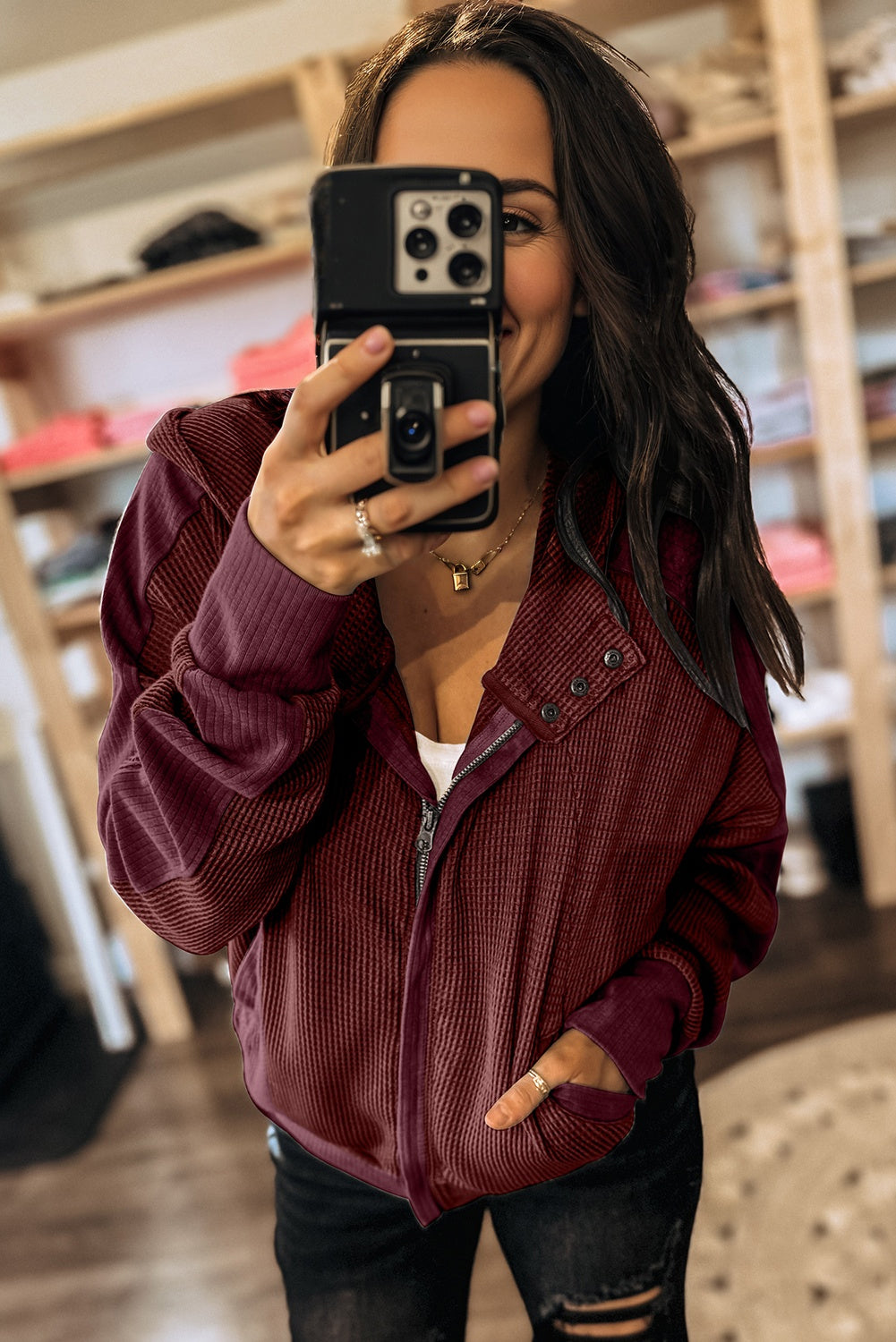Burgundy Waffle Splicing Zip Up Front Button Hooded Jacket