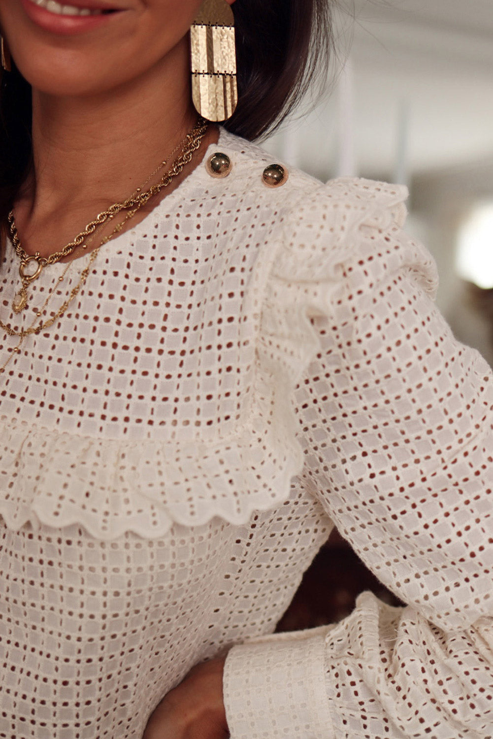 Beige Hollowed Long Sleeve Round Neck Ruffled Blouse