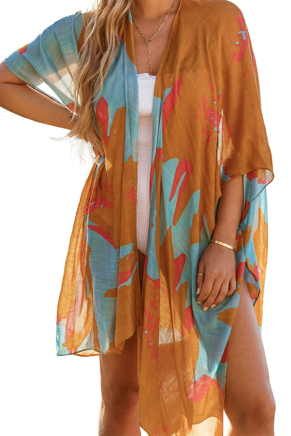 Abstract Print Open Front Kimono with Slits