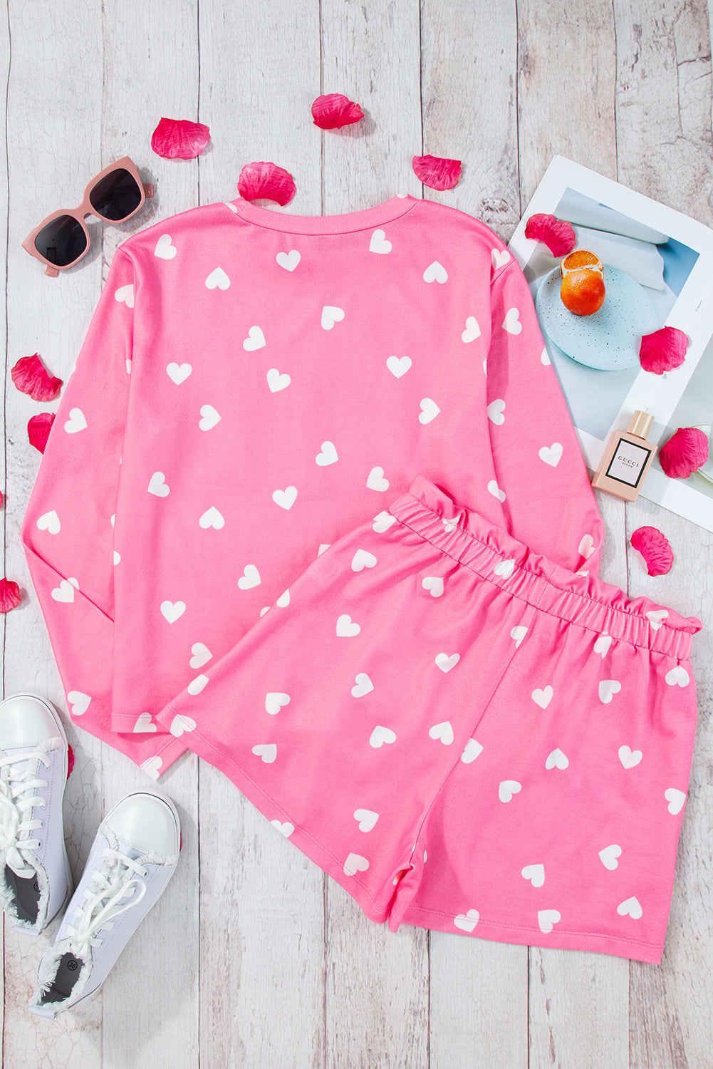 Pink Valentine Heart Print Long Sleeve Tee and Shorts Lounge Set