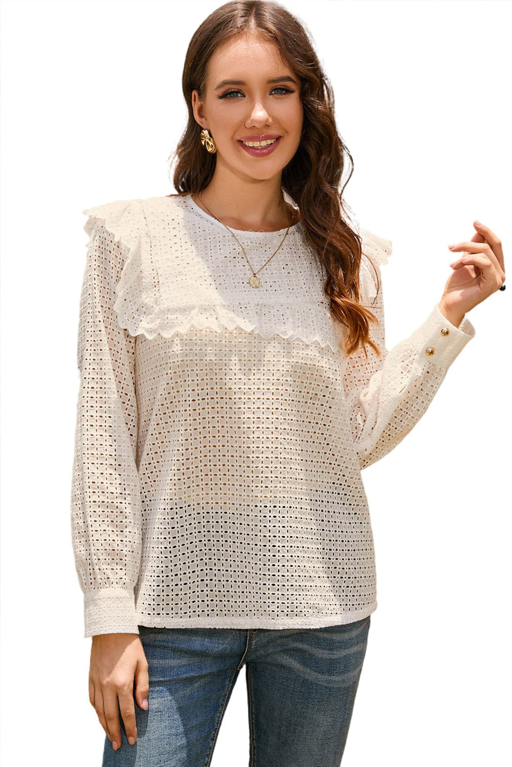 Beige Hollowed Long Sleeve Round Neck Ruffled Blouse