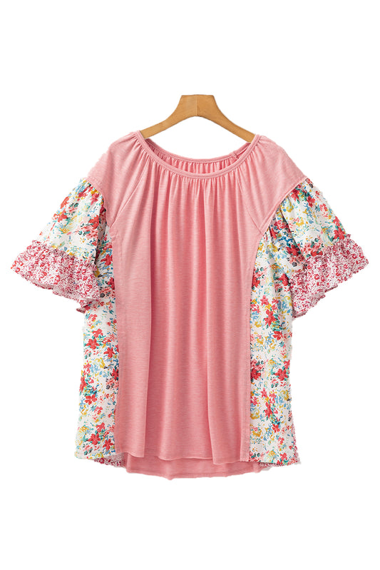 Pink Plus Size Floral Patchwork Ruffle Short Sleeve Blouse