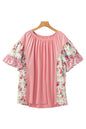 Pink Plus Size Floral Patchwork Ruffle Short Sleeve Blouse