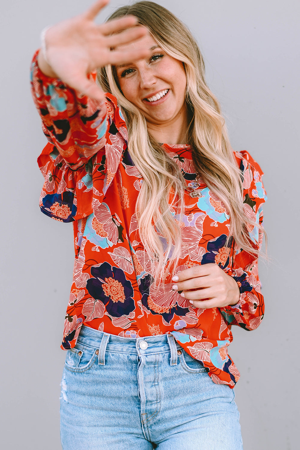 Ginger Floral Print Ruffle Puff Sleeve Blouse