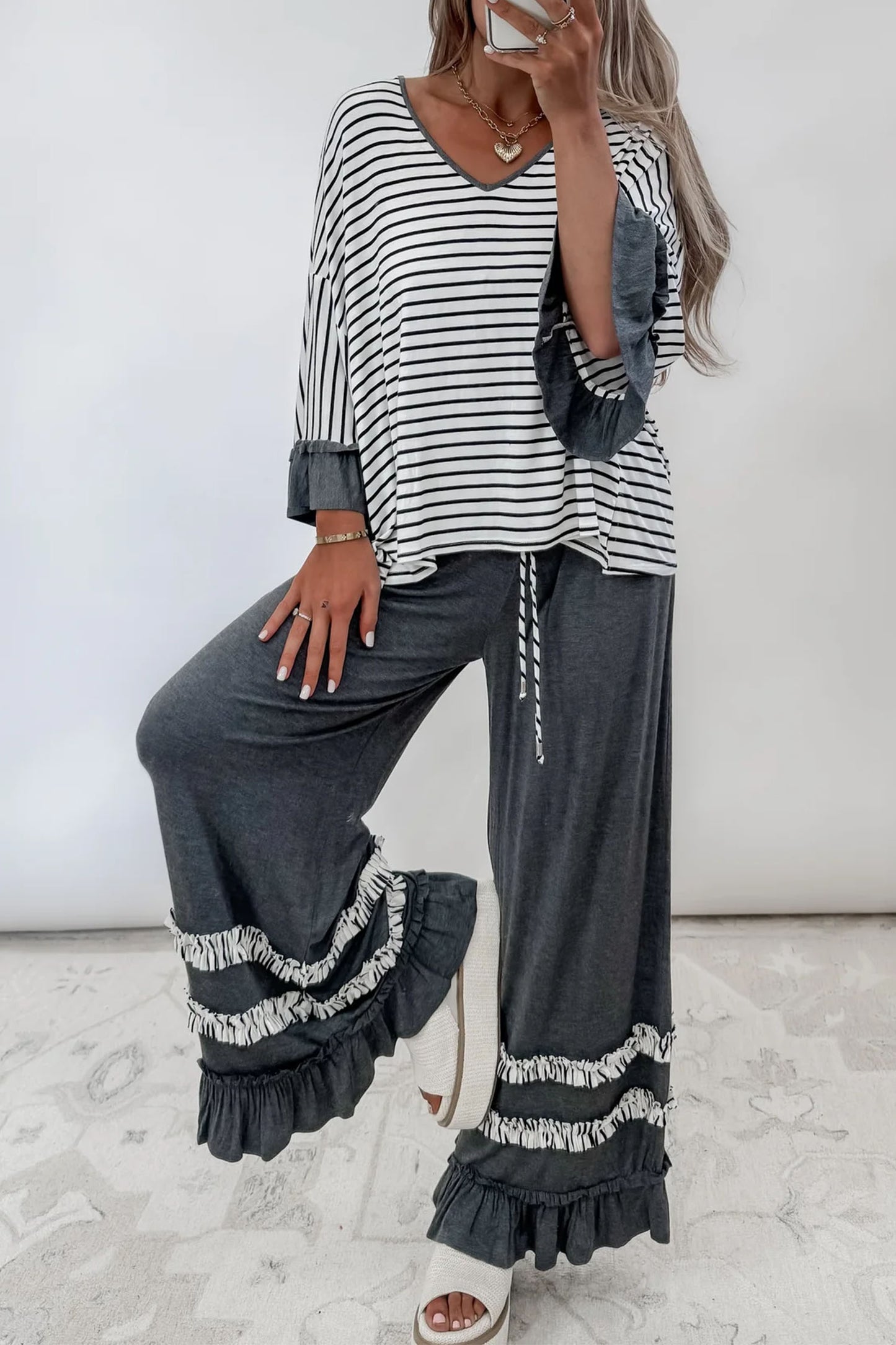 Gray Stripe V Neck Ruffle Contrast Sleeve Drawstring Pants 2pcs Set