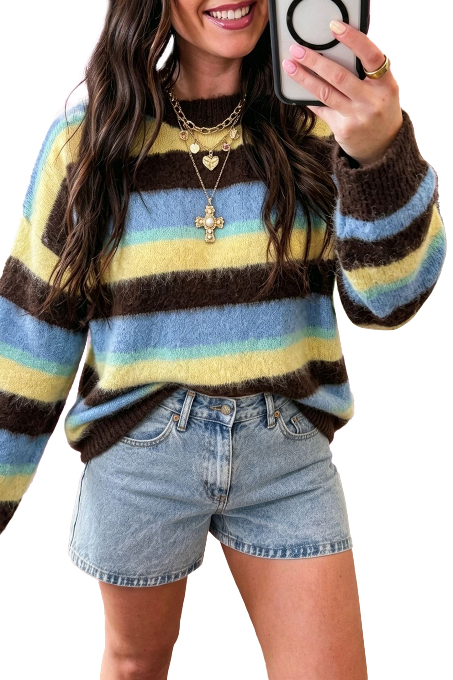 Multicolour Fuzzy Striped Knit Round Neck Casual Shift Sweater
