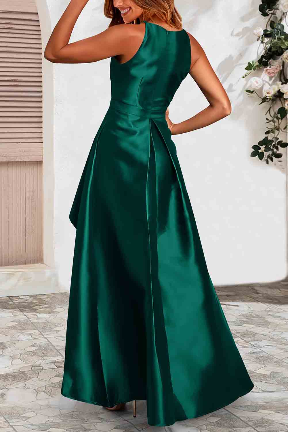 Satin Sleeveless Pleated High Low Dress with Pocket