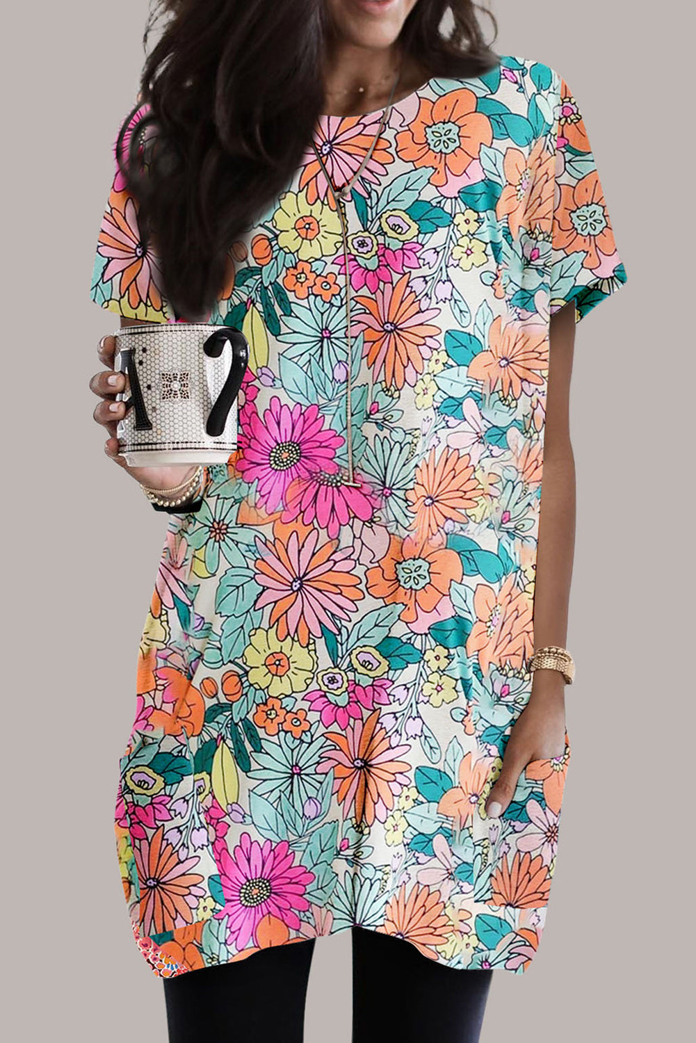 Multicolor Boho Flower Print Short Sleeve Tunic Top