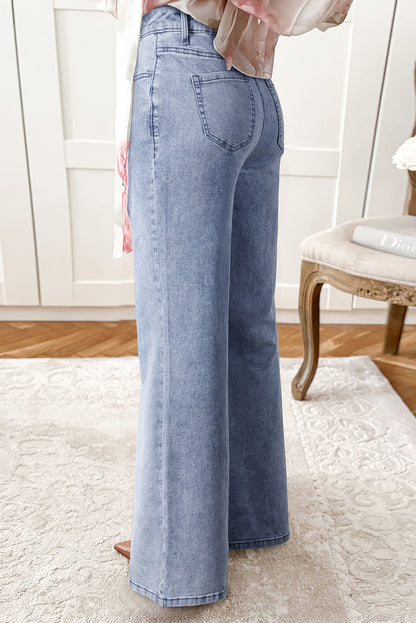 Dirty blue Button Zip High Waist Flared Hem Jeans