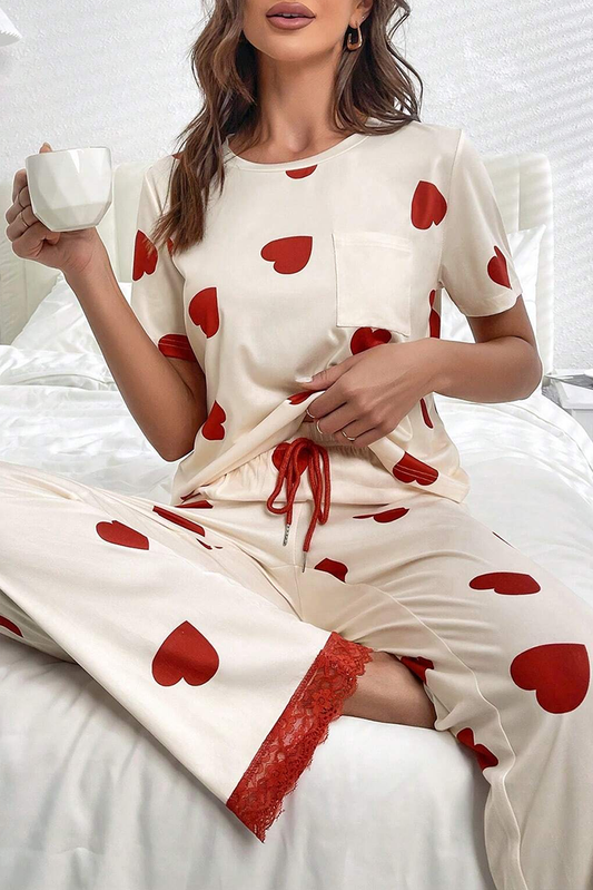 White Heart Print Lace Hem Tee Pants Pajama Set