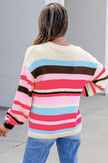 Pink Stripe Striped Colorblock Drop Shoulder Cardigan