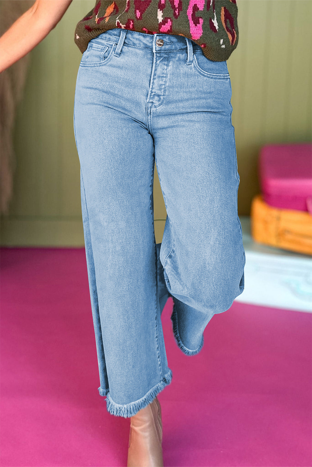 Peach Blossom Acid Washed High Rise Cropped Jeans