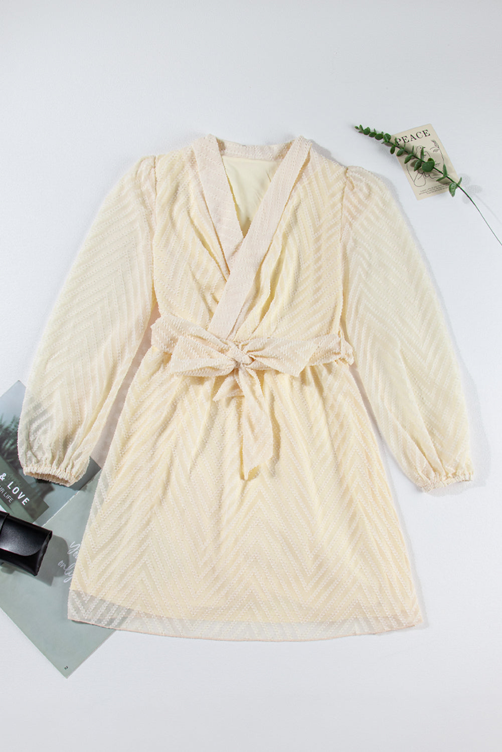 Apricot Chevron Sheer Puff Sleeve Surplice Belted Mini Dress