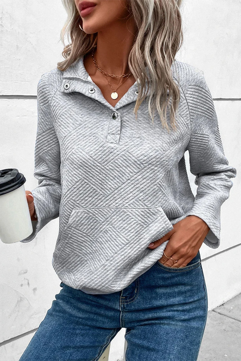 Light Grey Textured Snap Buttons Pullover Plus Size Sweatshirt