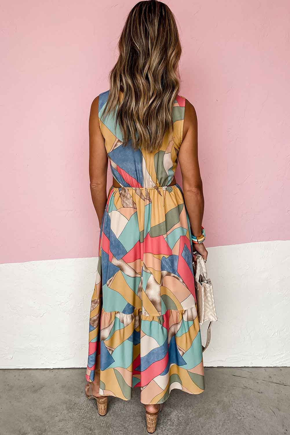 Khaki Boho Print O-ring Cut-out Sleeveless Maxi Dress