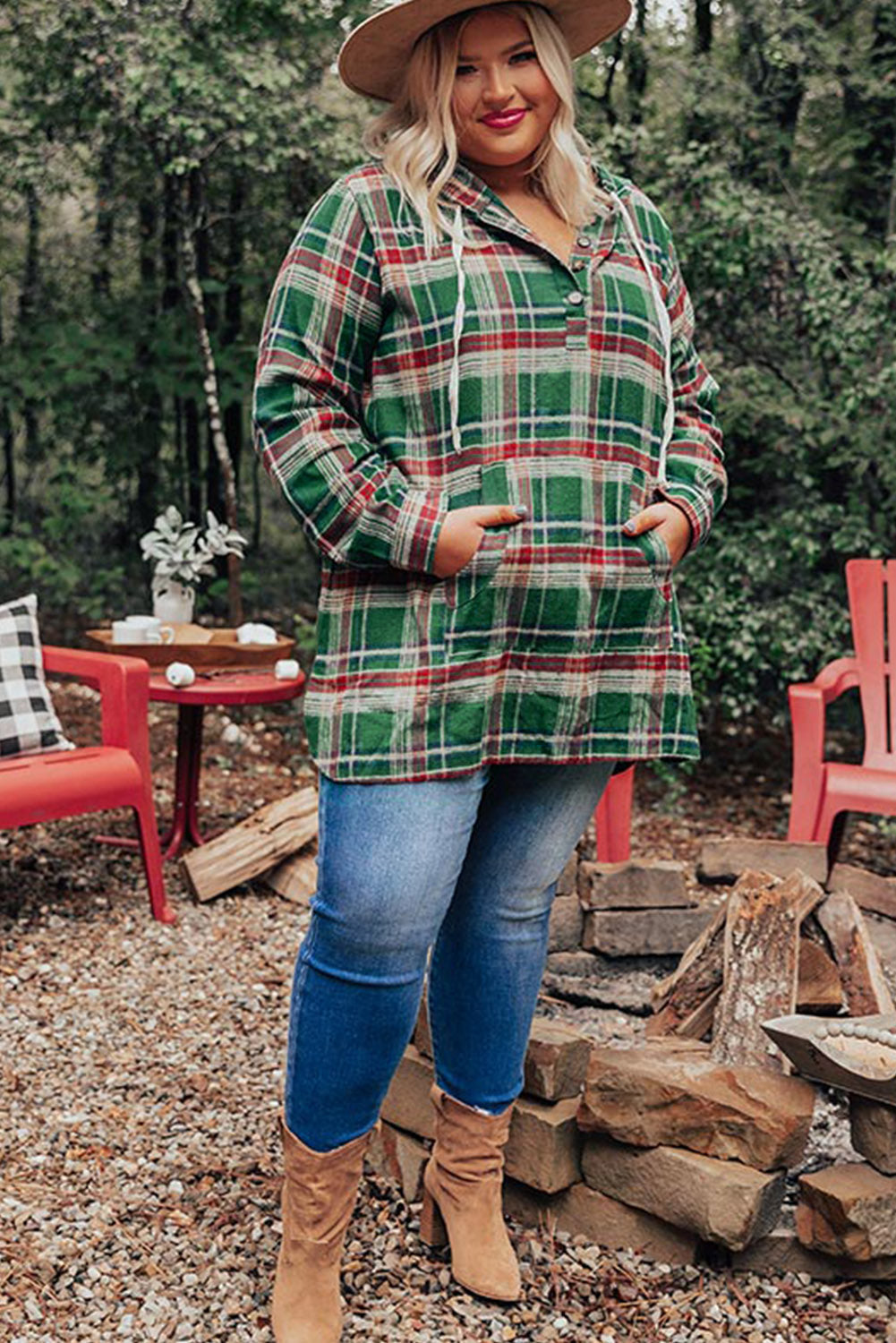 Red Plus Size Plaid Kangaroo Pocket Drawstring Hoodie